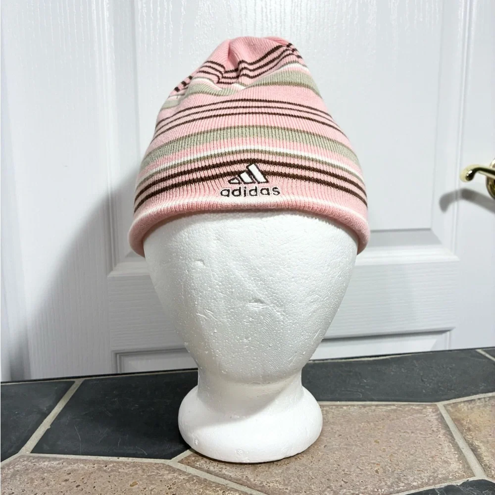 Y2K Adidas Reversible ClimaWarm Beanie Pink Brown White Stripes